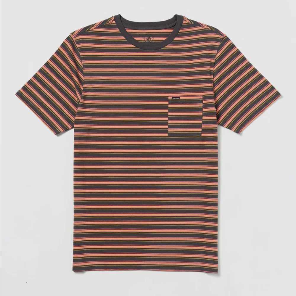 NEW Volcom Mens Sylvan Crew SS Striped Pocketโ T-Shirt Charcoal Orange Small
